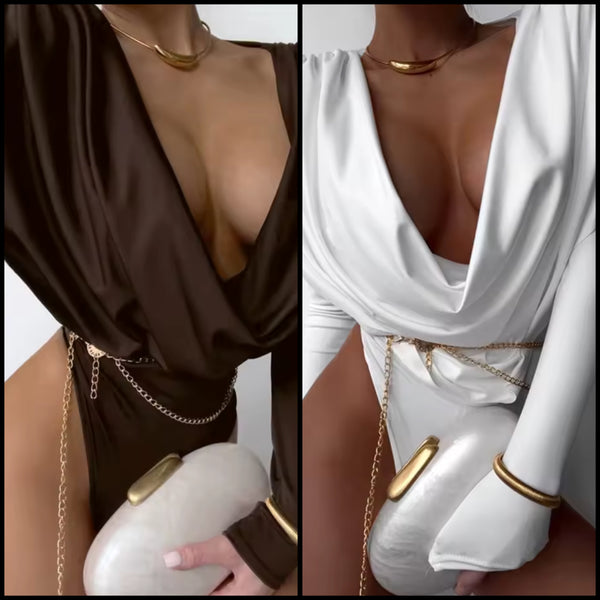 Women Sexy Fashion Draped Full Sleeve Bodysuit Top