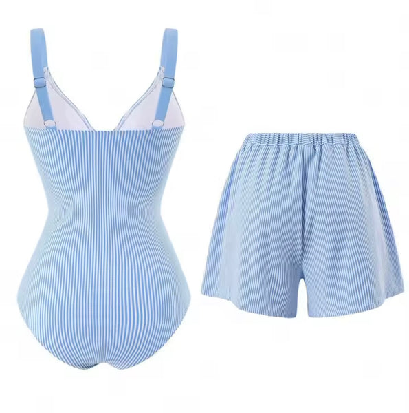Women Blue Striped Swimsuit Shorts Cover Up Set