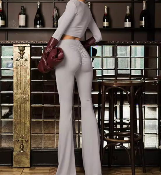 Women Solid Color Full Sleeve Crop Two Piece Sexy Pant Set