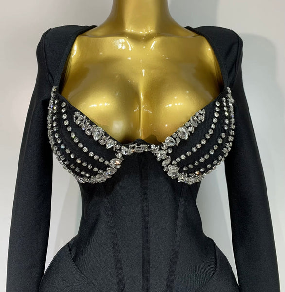 Women Sexy V-neck Bling Full Sleeve Bandage Maxi Dress