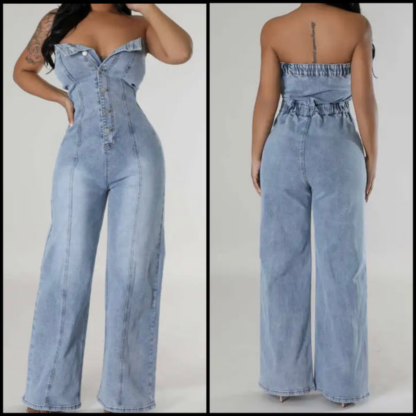 Women Sexy Fashion Button Up Strapless Denim Jumpsuit