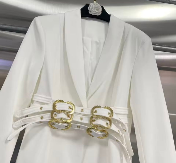Women Fashion Color Buckle Belted Full Sleeve Blazer Top