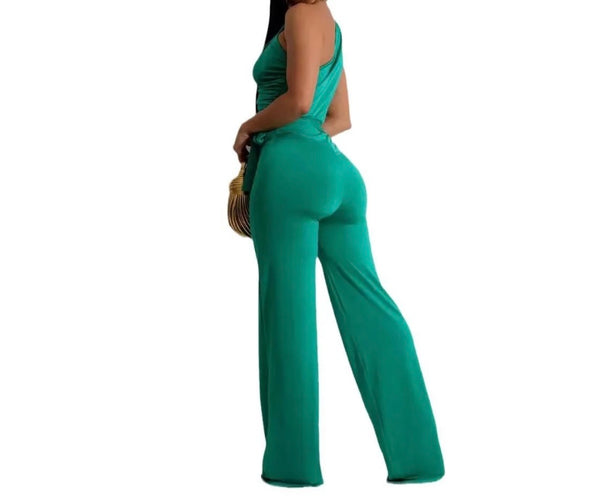 Women Green Sexy One Shoulder Sleeveless Jumpsuit