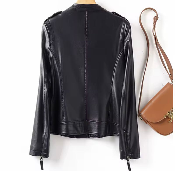 Women Color Fashion Faux Leather Jacket