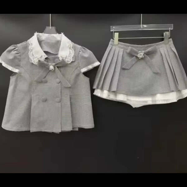 Women Plaid Please Short Sleeve Fashion Two Piece Skirt Set