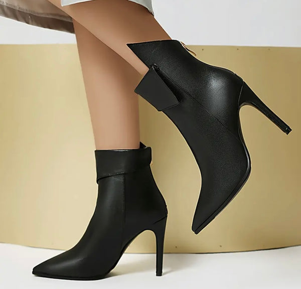 Women Fashion Pointed Toe Faux Leather Zip Up Ankle Boots