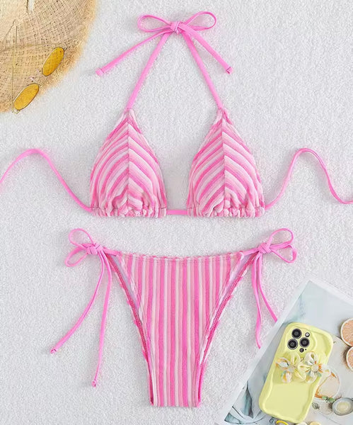 Women Sexy Tie Up Halter Striped Bikini Swimsuit