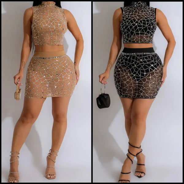 Women Sexy Sleeveless Mesh Bling Rhinestone Two Piece Skirt Set