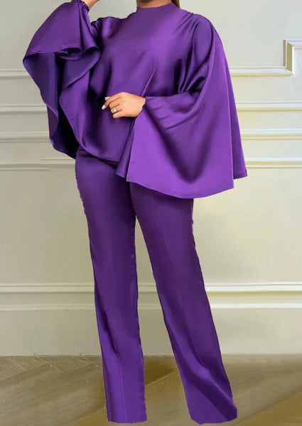 Women Sexy Satin Solid Color Batwing Two Piece Pant Set