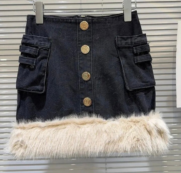 Women Fashion Button Up Faux Fur Patchwork Denim Skirt