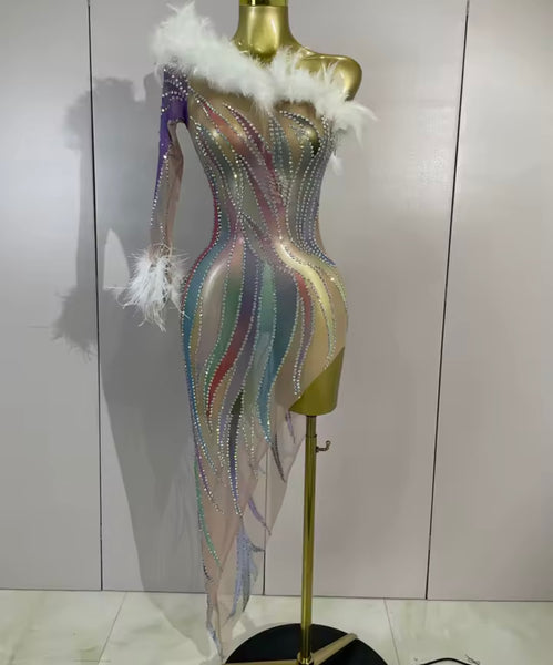 Women Sexy One Shoulder Feather Colorful Rhinestone Dress
