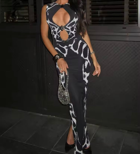 Women Sexy Sleeveless Black Printed Cut Out Maxi Dress