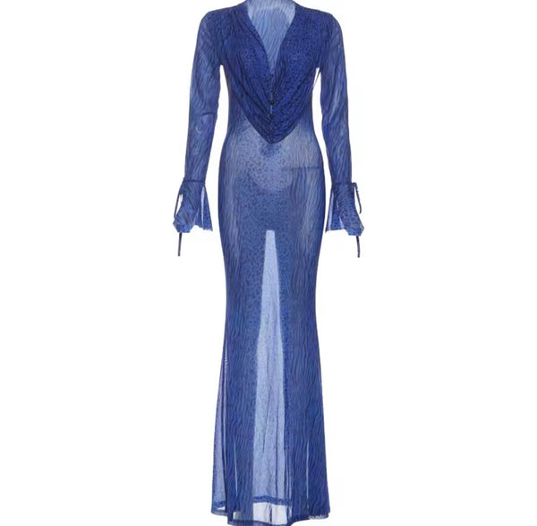 Women Sexy Blue Printed Mesh Full Sleeve Maxi Dress