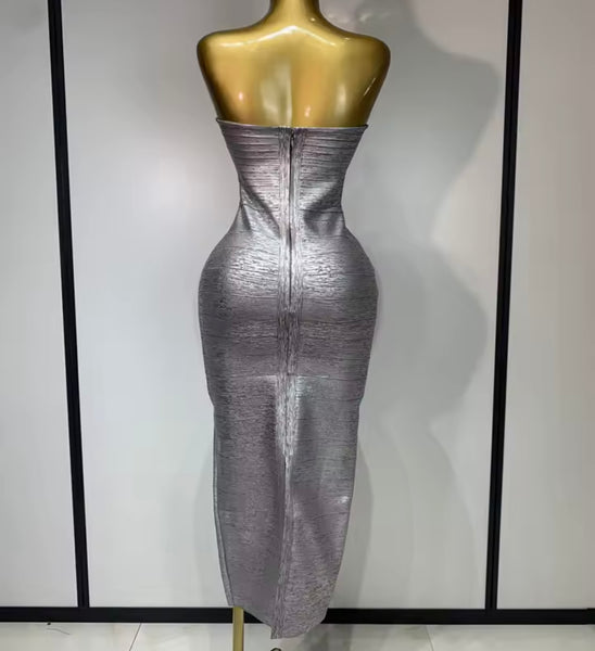 Women Silver Sexy Strapless Bandage Maxi Dress
