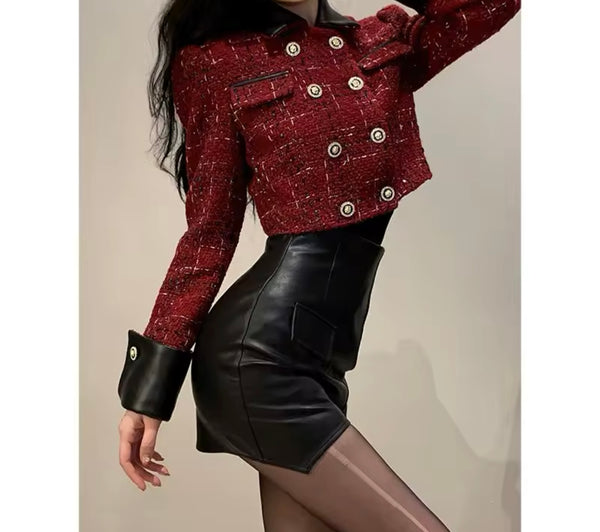 Women Fashion Faux Leather Button Tweed Two Piece Skirt Set