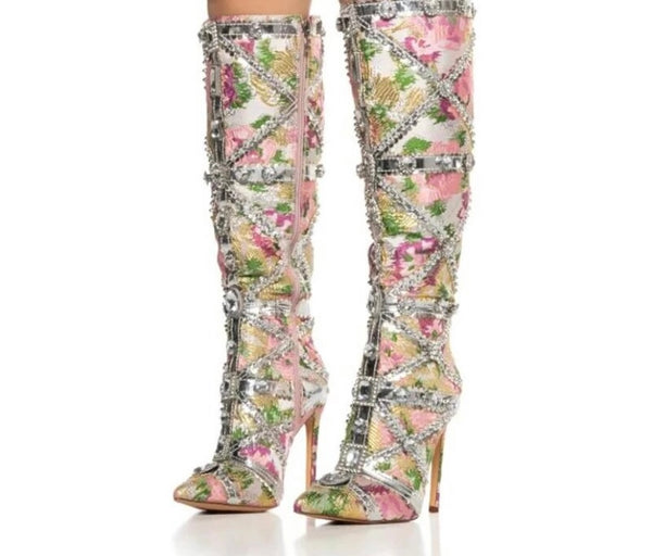 Women Multicolored Floral Crystal Fashion Knee High Boots