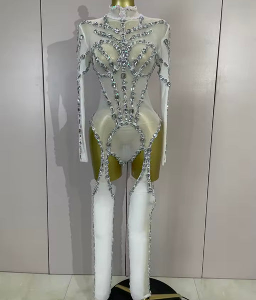 Women Mesh Crystal Full Sleeve Sexy Bodysuit Jumpsuit