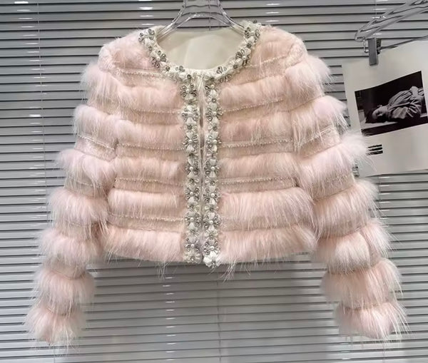 Women Fashion Pink Rhinestone Pearl Faux Fur Jacket