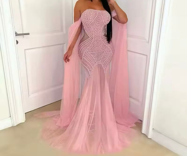 Women Sexy Strapless Beaded Mesh Maxi Dress