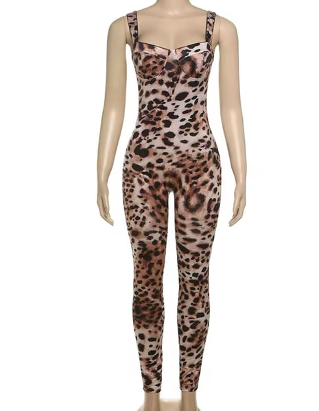 Women Sexy Fashion Sleeveless Leopard Jumpsuit