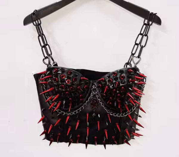 Women Chain Sleeveless Fashion Spiked Two Piece Pleated Skirt Set