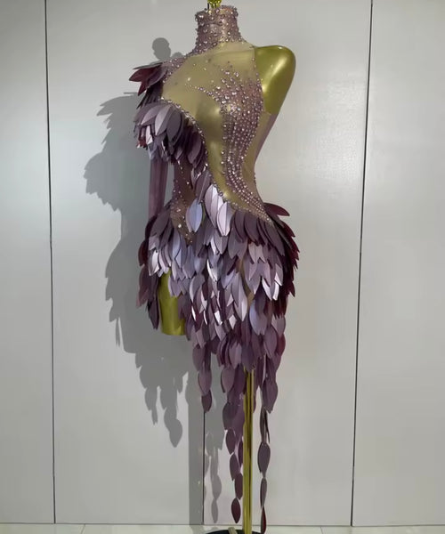 Women Purple One Shoulder Sequins Rhinestone Mesh Dress