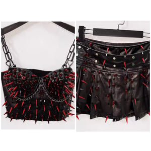 Women Chain Sleeveless Fashion Spiked Two Piece Pleated Skirt Set