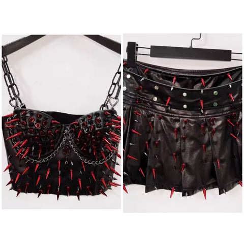 Women Chain Sleeveless Fashion Spiked Two Piece Pleated Skirt Set
