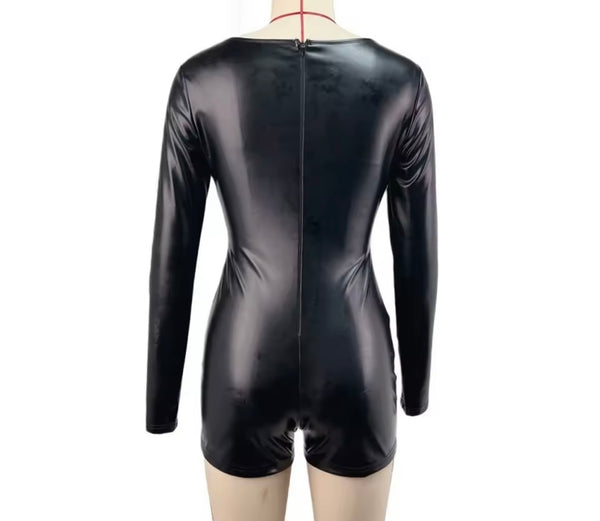 Women Sexy Fashion Black PU Metal Cut Out Full Sleeve Romper