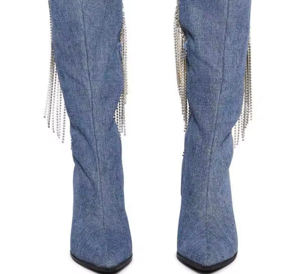 Women Denim Cut Out Heart Rhinestone Tassel Knee High Boots