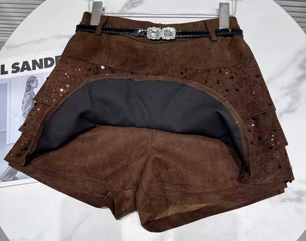 Women Suede Sequins Ruffle Wrap Shorts