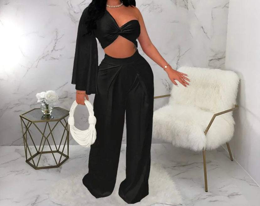 Women One Shoulder Full Sleeve Crop Two Piece Wide Leg Pant Set