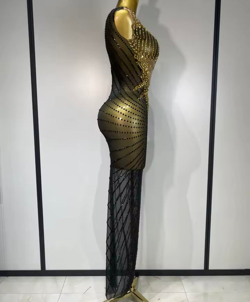 Women Sexy Sleeveless Bling Rhinestone Mesh Maxi Dress