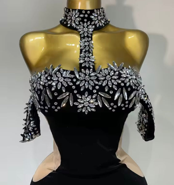 Women Black Rhinestone Velour Sexy Maxi Dress