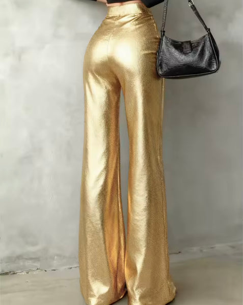Women Gold Fashion Metallic PU Pants