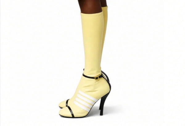 Women Fashion Round Toe Stripe Buckle Knee High Boots