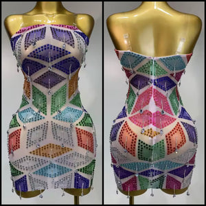 Women Sexy Strapless Colorful Crystal Mesh Dress