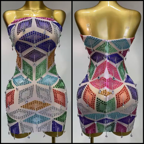 Women Sexy Strapless Colorful Crystal Mesh Dress