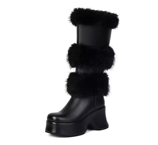 Women Fashion Platform Fur Patchwork Knee High Boots