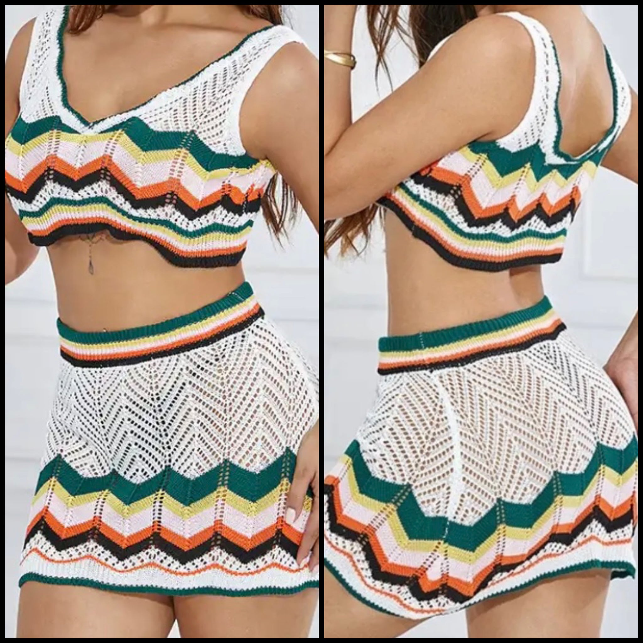 Women Sexy Sleeveless Crop Multicolored Print Two Piece Skirt Set