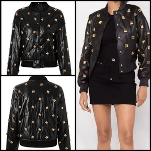 Women Fashion Gold Metal Rivet Patchwork Faux Leather Jacket