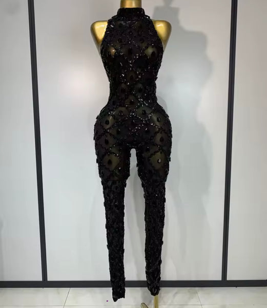 Women Black Sexy Sleeveless Sequins Crystal Mesh Jumpsuit