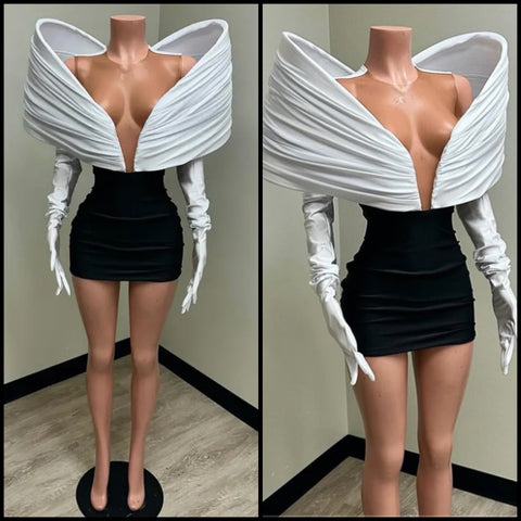 Women Sexy B&W Mesh Velour Glove Dress