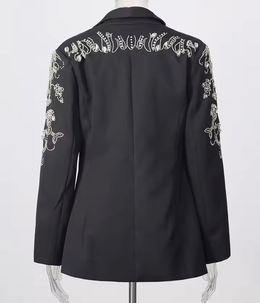 Women Fashion Floral Rhinestone Embellishment Blazer Two Piece Pant Set