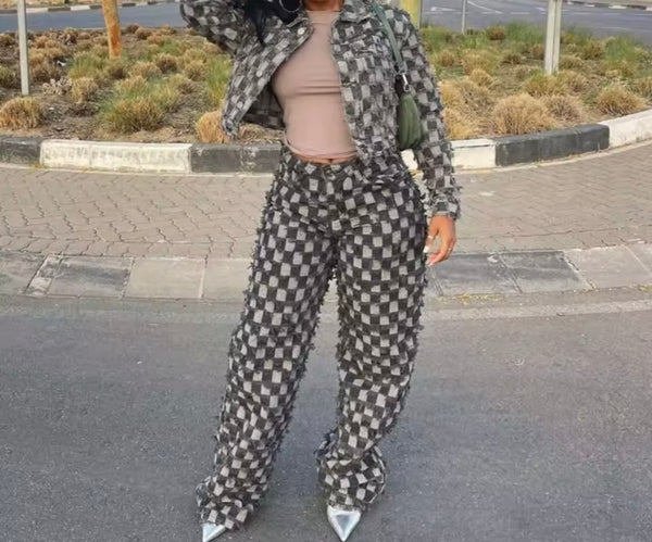 Women Gray Fashion Denim Jacket Two Piece Pant Set