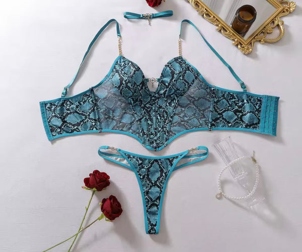 Women Sexy Blue Animal Print Choker Lingerie Set