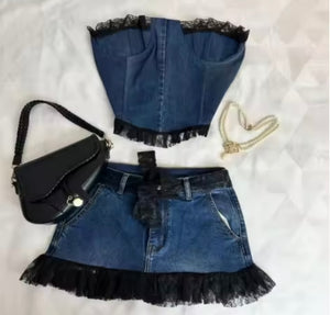 Women Sexy Strapless Denim Lace Patchwork Two Piece Skirt Set