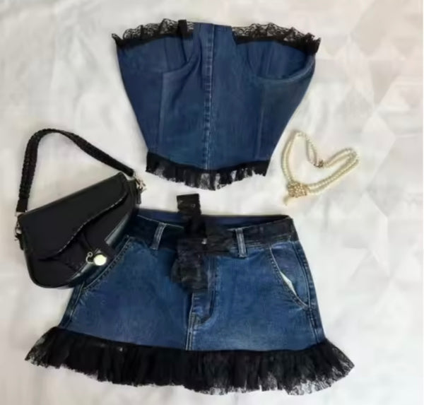 Women Sexy Strapless Denim Lace Patchwork Two Piece Skirt Set