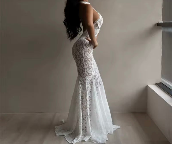 Women White Halter Sleeveless Lace Cut Out Sexy Maxi Dress