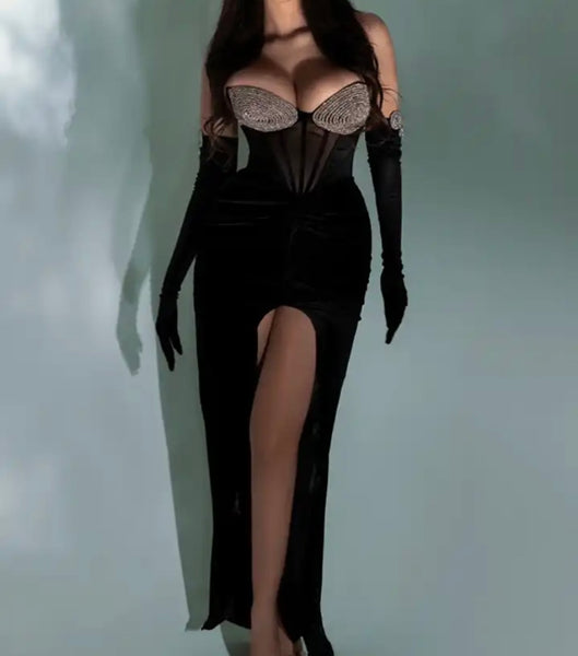 Women Black Sexy Strapless Velour Rhinestone Glove Maxi Dress